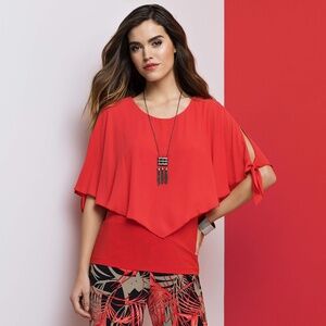 Frank Lyman Chiffon Overlay Top with Necklace in Red Orange Pink Coral 16 NWT